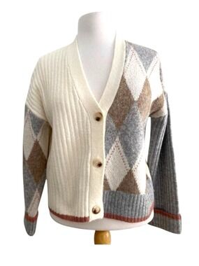 Vintage style Womens Argyle oversized crop Cardigan Sweater V-Neck Button-Up XS